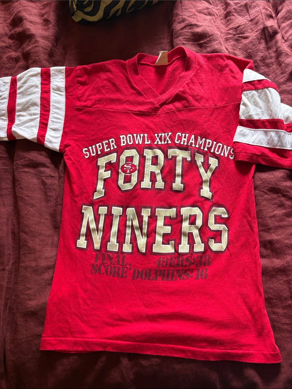 Vintage 1985 SF 49ers Super Bowl XIX Champions Striped Jersey Tee